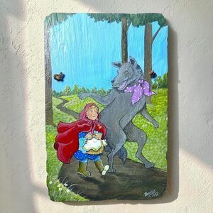 Vintage Hand Painted Little Red Riding Hood Wolf Slate Rock‎ Wall Hanging Decor
